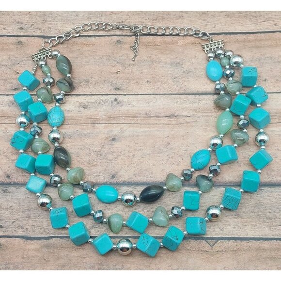 Silver Tone Faux Turquoise Statement Necklace Multi Strand Beaded Collar 21" - Picture 9 of 11